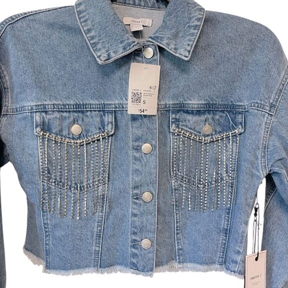 Forever 21 Light Blue Fringe Hem Denim Jacket with Rhinestones-Small - Picture 3 of 7